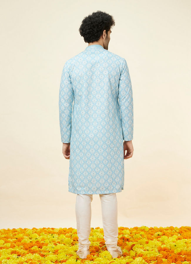 Manyavar Men Soft Blue Medallion Print Kurta Set