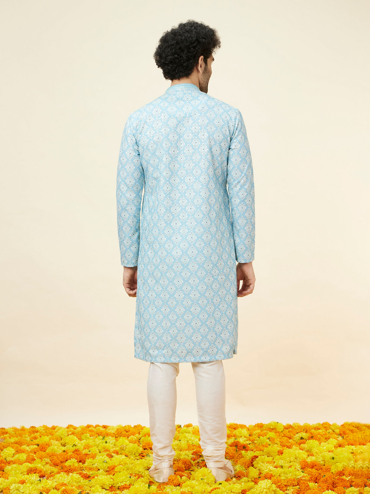 Manyavar Men Soft Blue Medallion Print Kurta Set