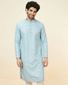 alt message - Manyavar Men Soft Blue Medallion Print Kurta Set image number 0