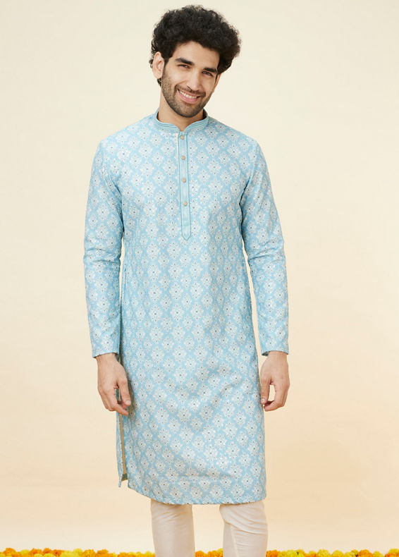 Manyavar Men Soft Blue Medallion Print Kurta Set