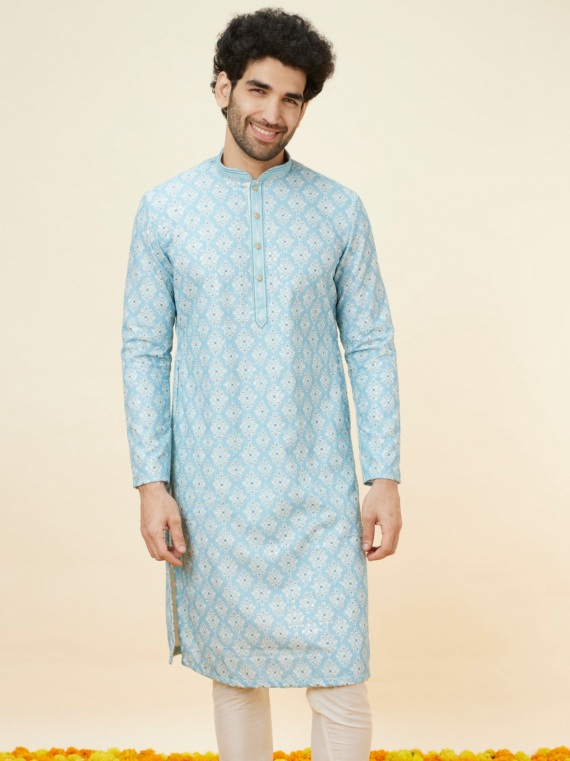 Manyavar Men Soft Blue Medallion Print Kurta Set