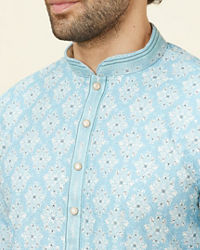 Manyavar Men Soft Blue Medallion Print Kurta Set