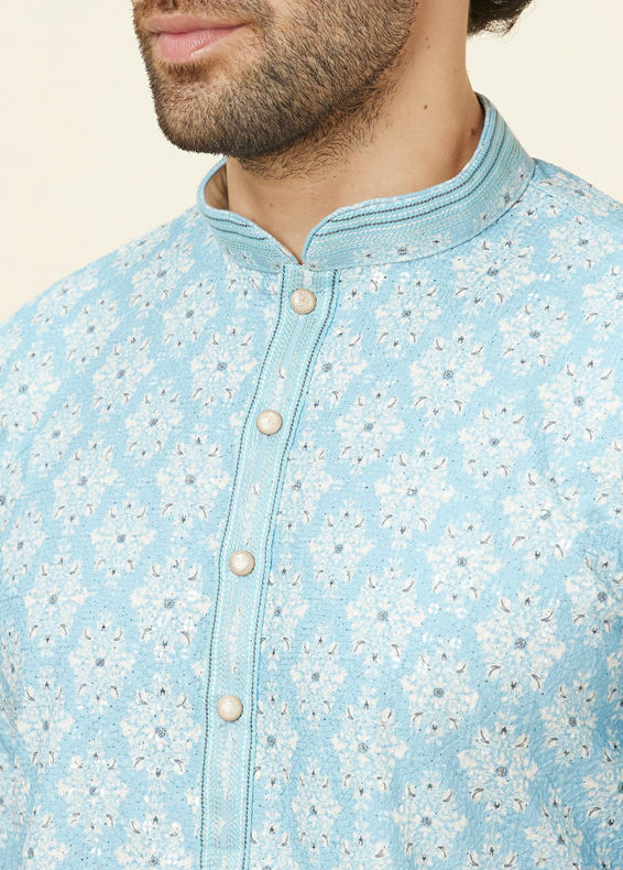 Manyavar Men Soft Blue Medallion Print Kurta Set