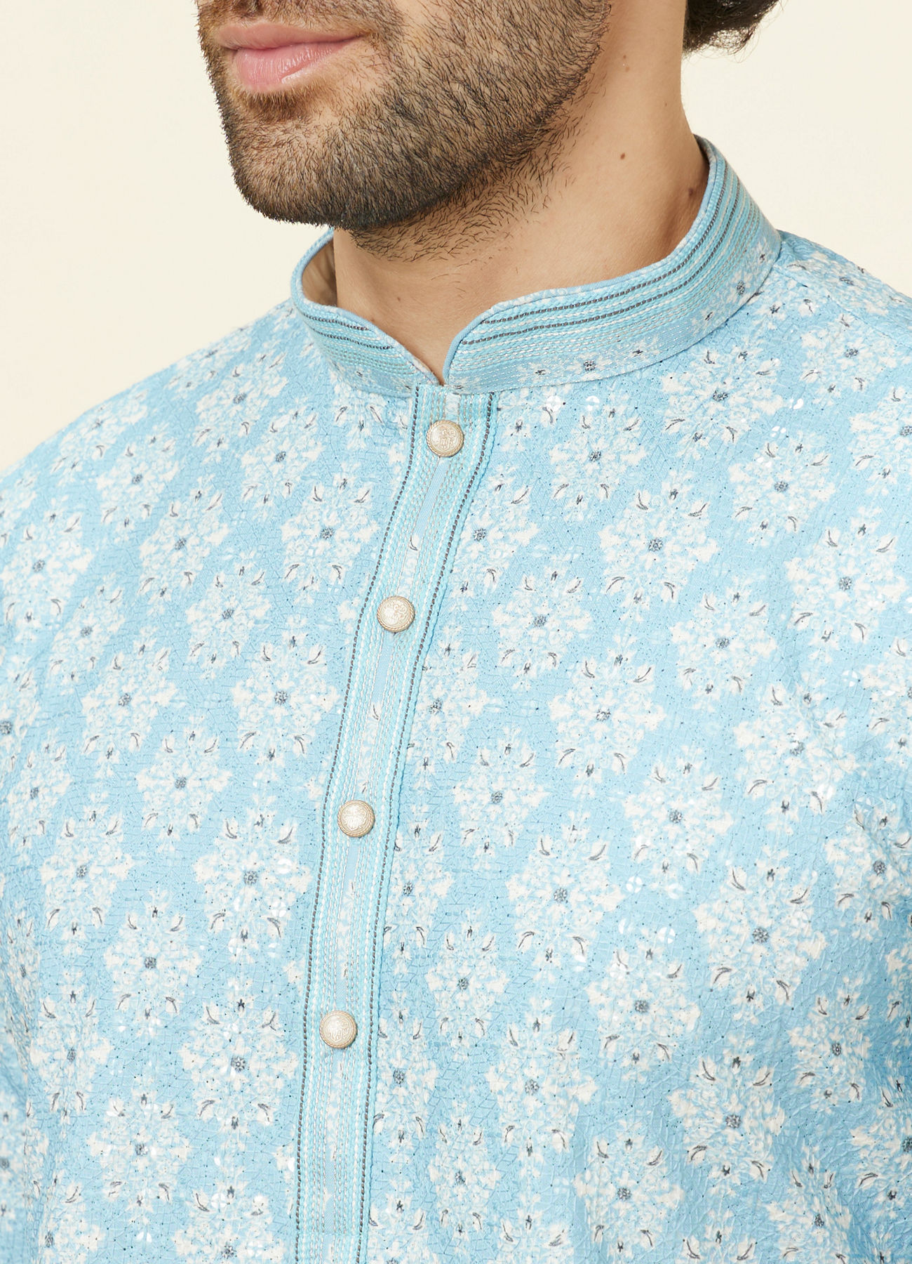 Manyavar Men Soft Blue Medallion Print Kurta Set