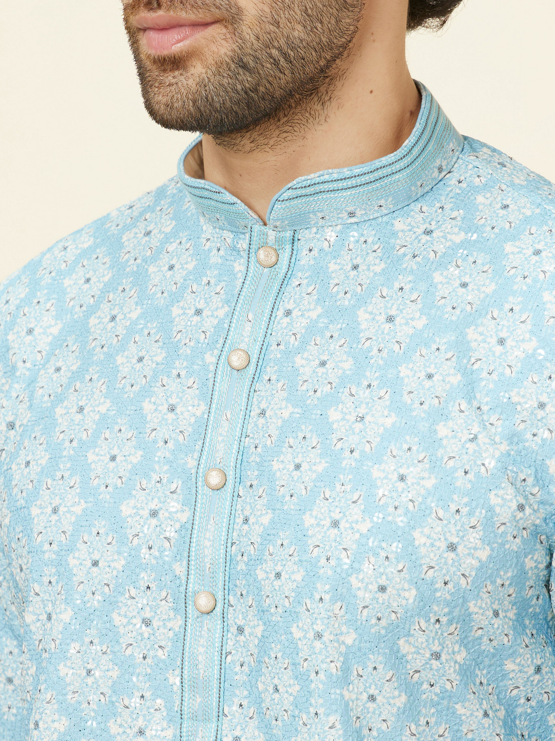 Manyavar Men Soft Blue Medallion Print Kurta Set