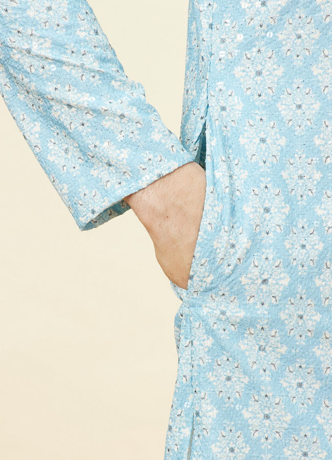 Manyavar Men Soft Blue Medallion Print Kurta Set