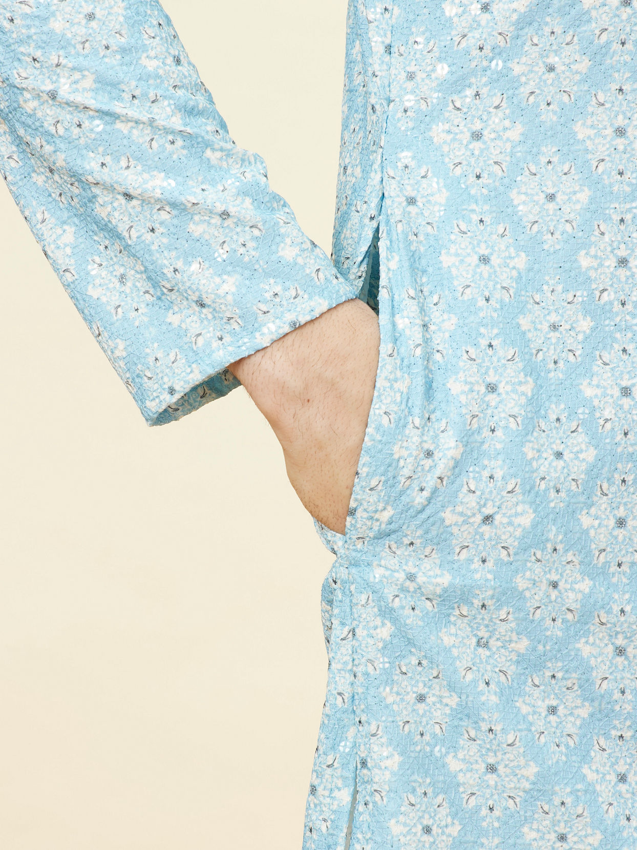 Manyavar Men Soft Blue Medallion Print Kurta Set