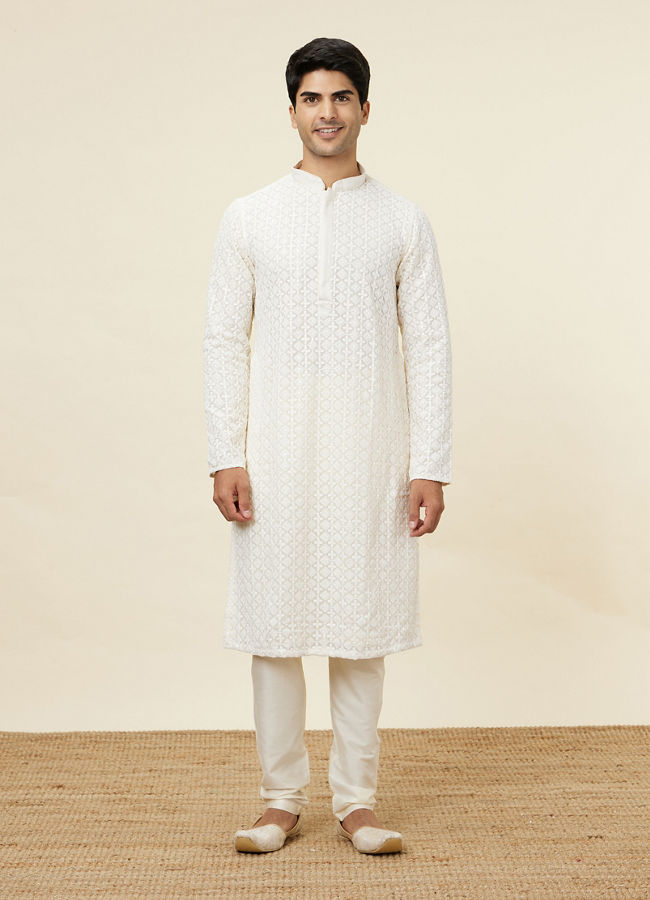 Manyavar Men Bright Cream Floral Chikankari Embroidered Kurta Set