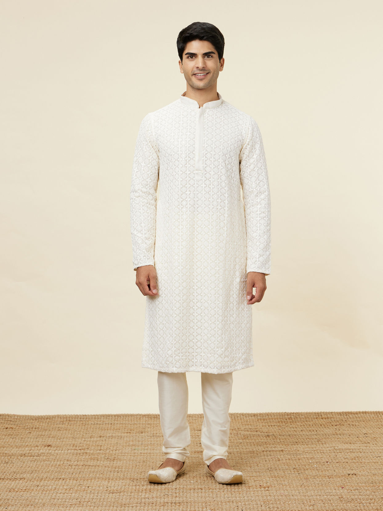 Manyavar Men Bright Cream Floral Chikankari Embroidered Kurta Set