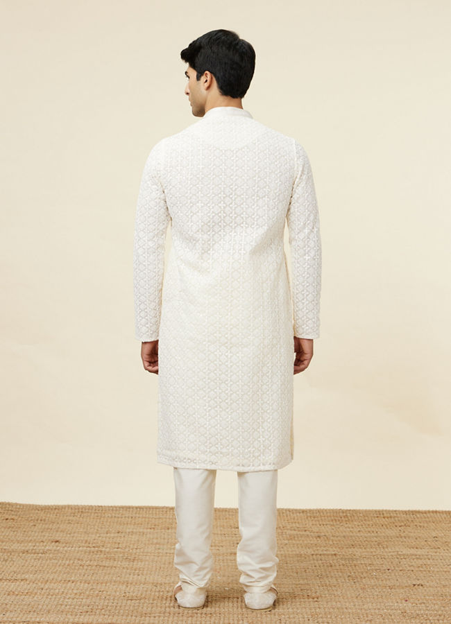 Manyavar Men Bright Cream Floral Chikankari Embroidered Kurta Set