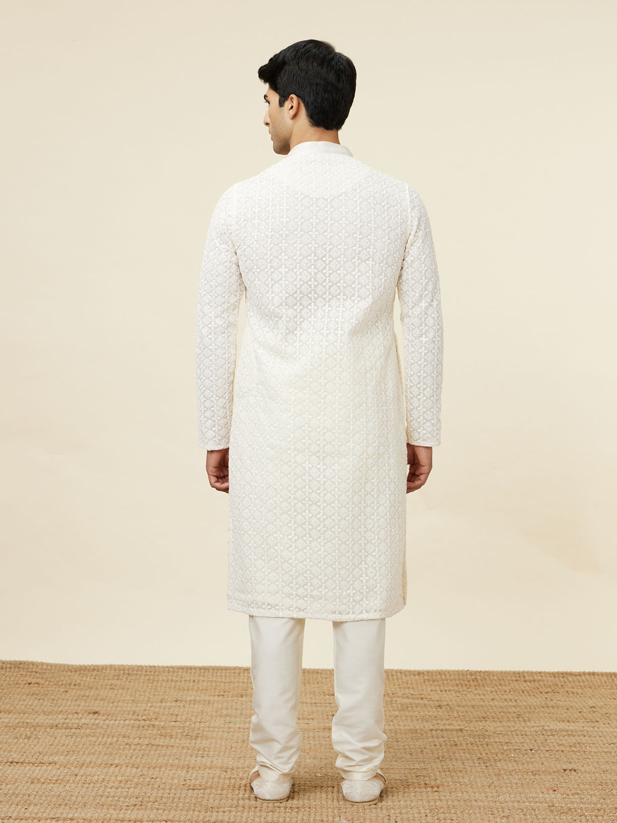 Manyavar Men Bright Cream Floral Chikankari Embroidered Kurta Set