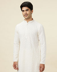 Manyavar Men Bright Cream Floral Chikankari Embroidered Kurta Set