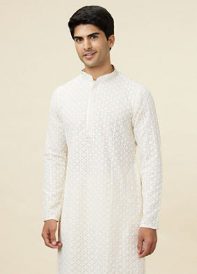 Blue chikankari kurta with off white pyjama - set of two by The