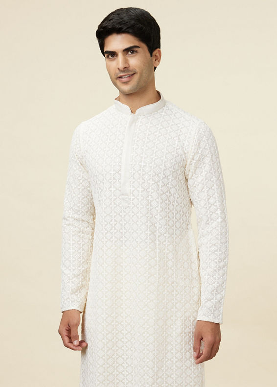 Manyavar Men Bright Cream Floral Chikankari Embroidered Kurta Set