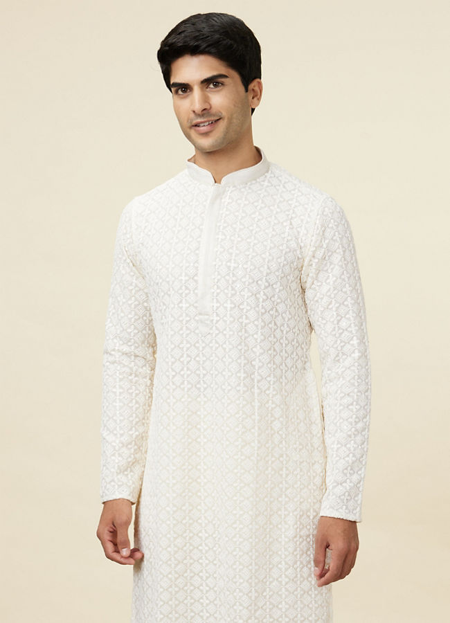 Manyavar Men Bright Cream Floral Chikankari Embroidered Kurta Set