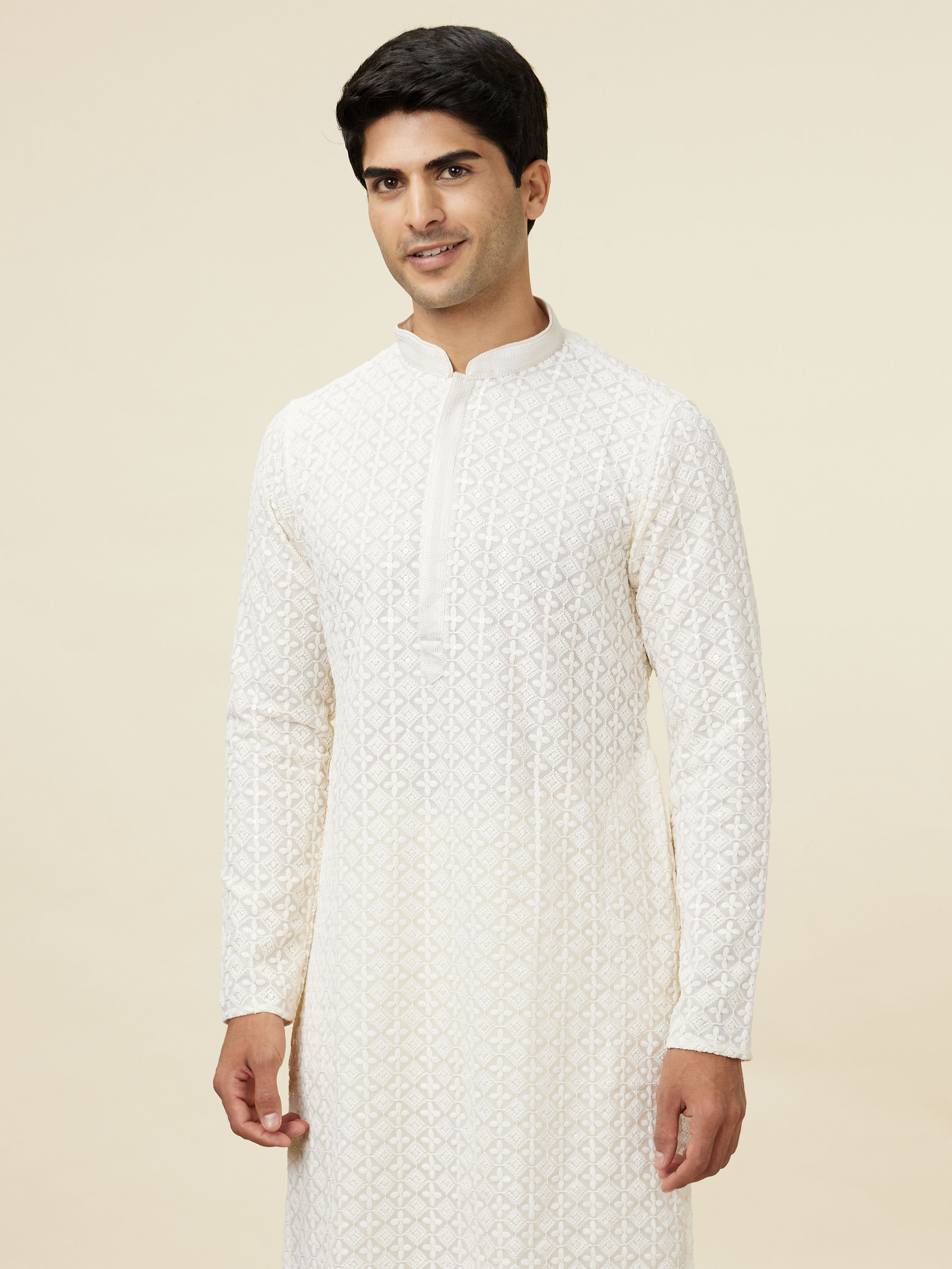 Manyavar Men Bright Cream Floral Chikankari Embroidered Kurta Set