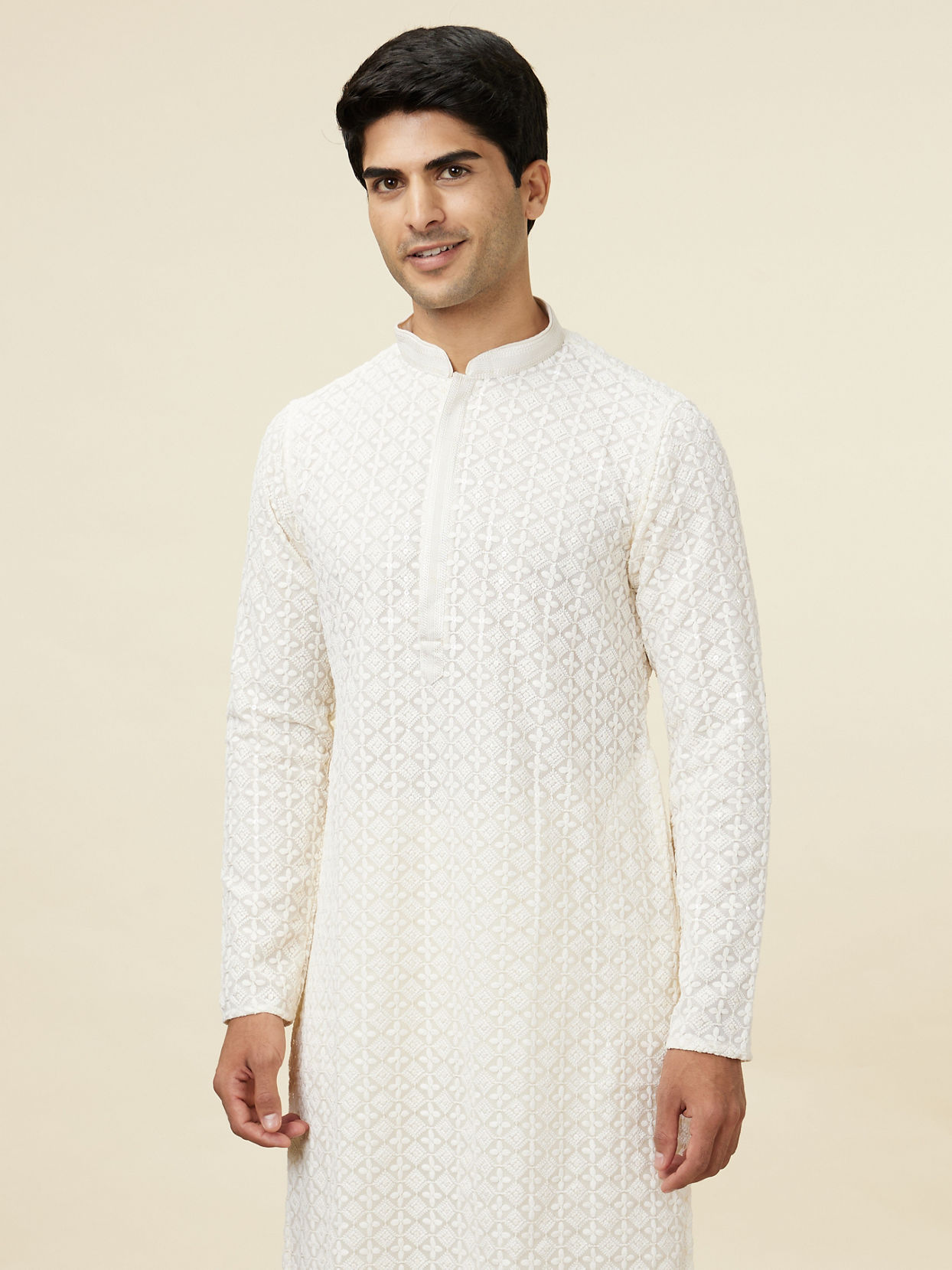 Manyavar Men Bright Cream Floral Chikankari Embroidered Kurta Set