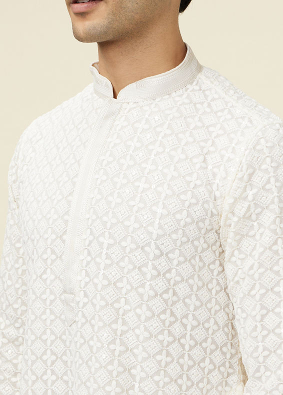 Manyavar Men Bright Cream Floral Chikankari Embroidered Kurta Set