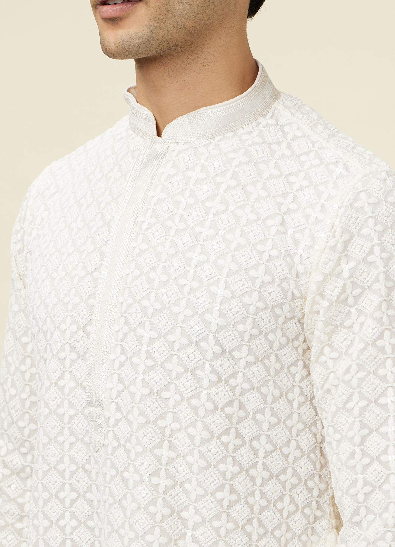 Manyavar Men Bright Cream Floral Chikankari Embroidered Kurta Set