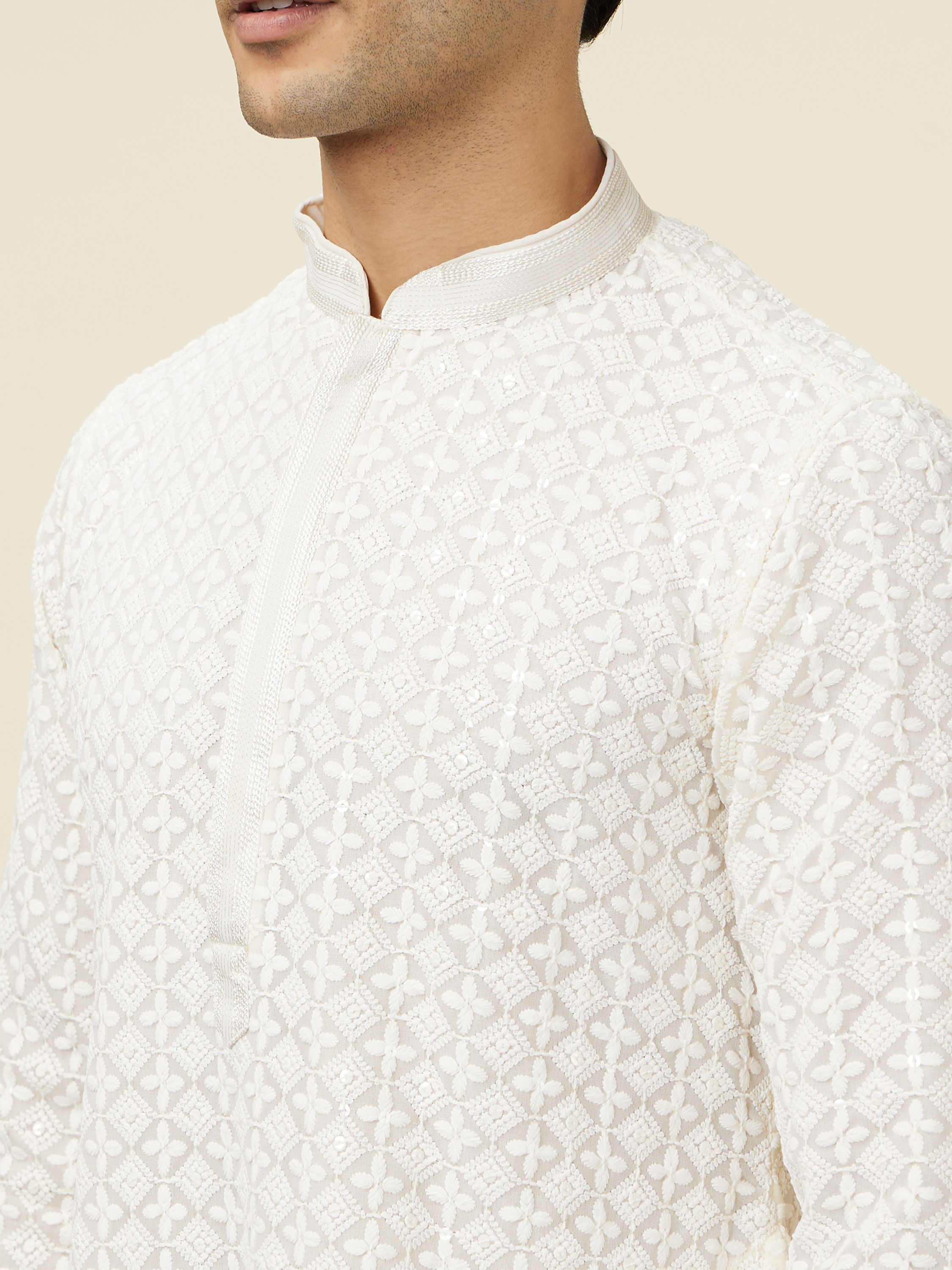 Manyavar Men Bright Cream Floral Chikankari Embroidered Kurta Set