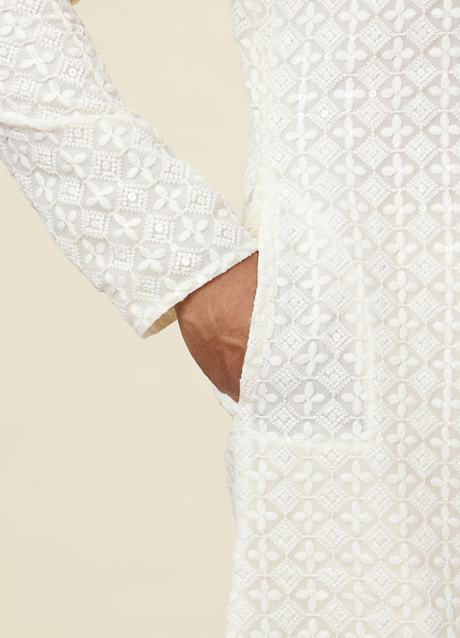 Manyavar Men Bright Cream Floral Chikankari Embroidered Kurta Set