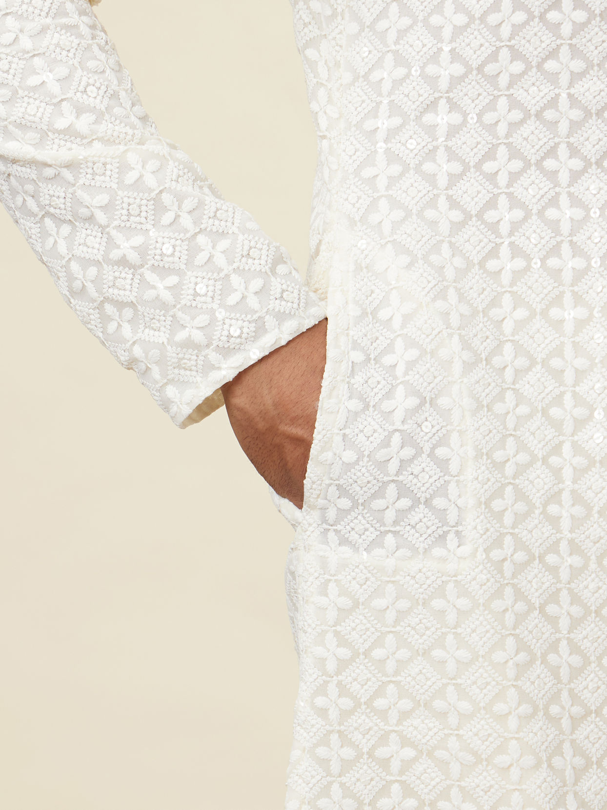 Manyavar Men Bright Cream Floral Chikankari Embroidered Kurta Set