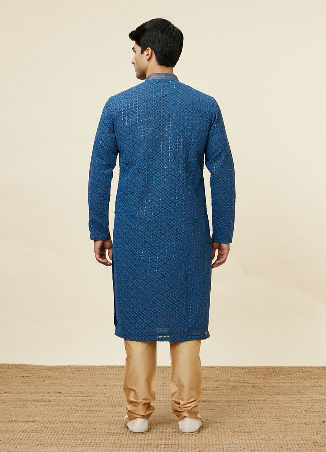 Manyavar Men Teal Blue Floral Chikankari Embroidered Kurta Set