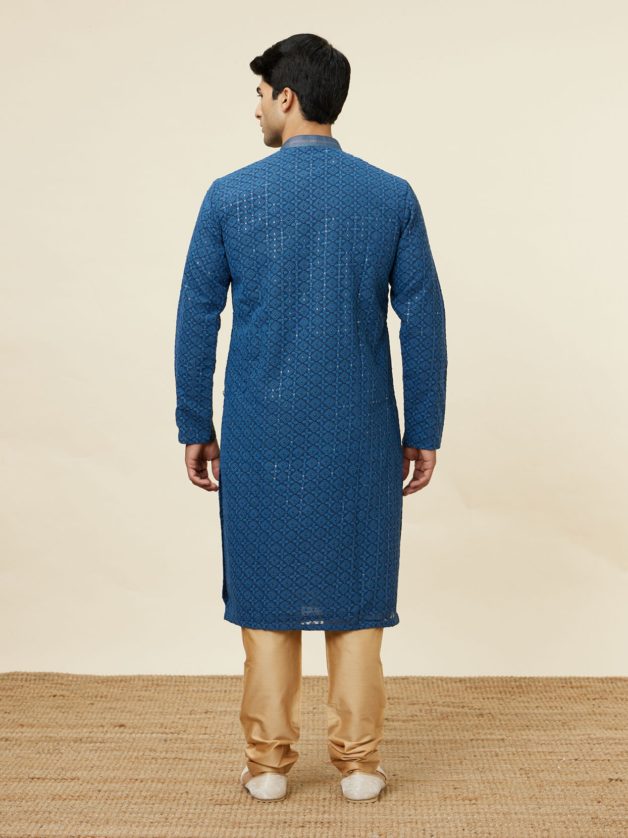Manyavar Men Teal Blue Floral Chikankari Embroidered Kurta Set