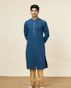 Manyavar Men Teal Blue Floral Chikankari Embroidered Kurta Set