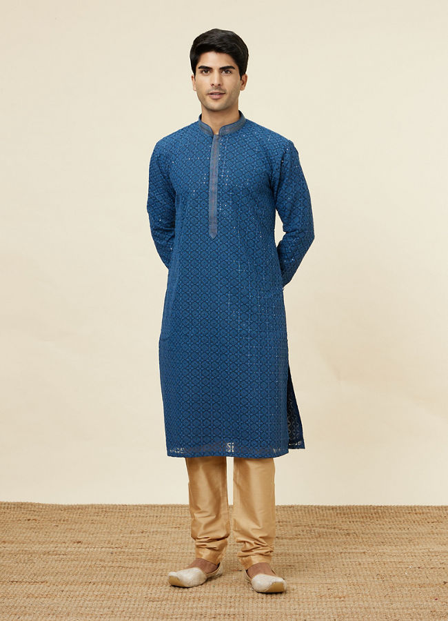 Manyavar Men Teal Blue Floral Chikankari Embroidered Kurta Set