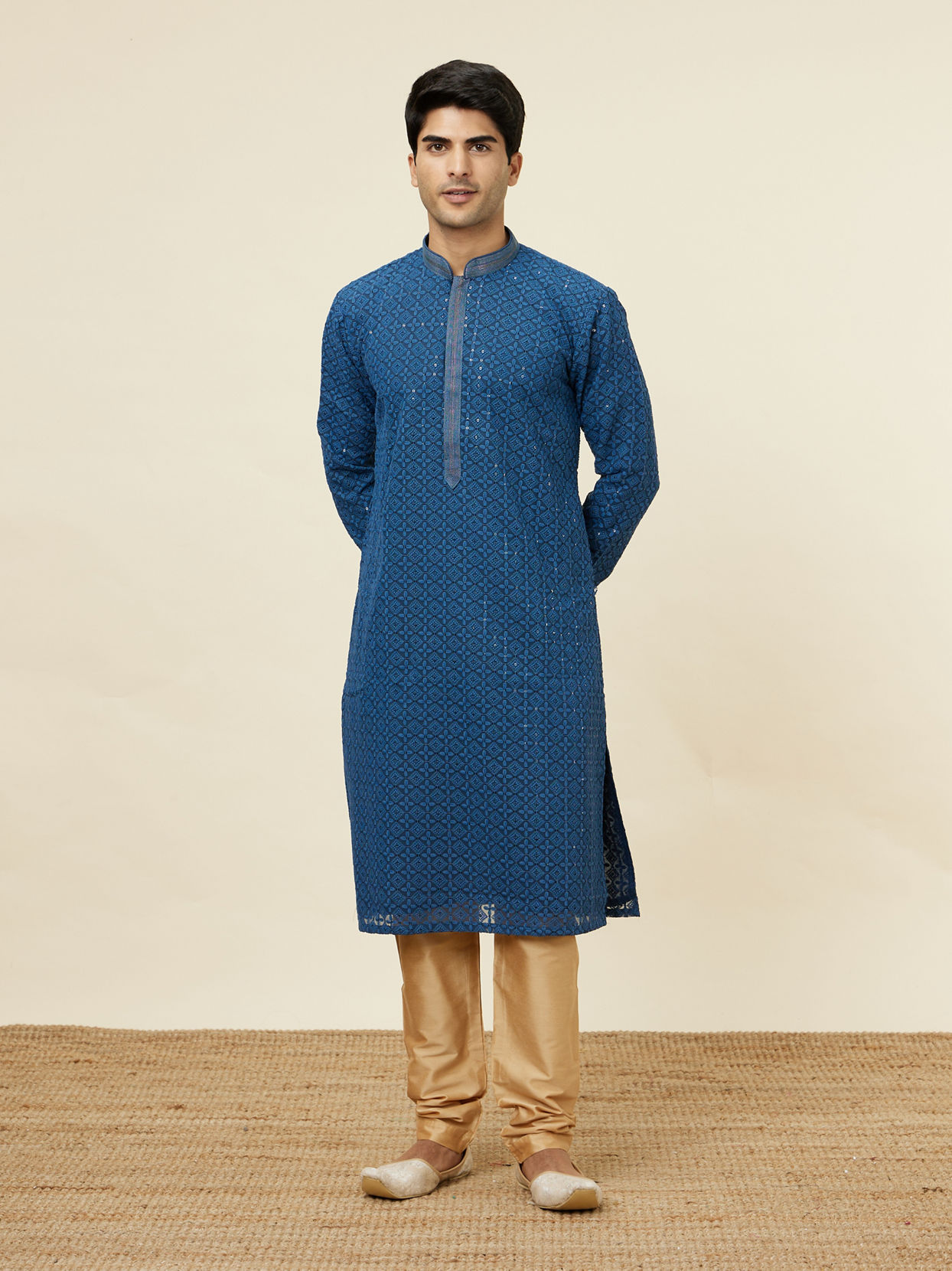 Manyavar Men Teal Blue Floral Chikankari Embroidered Kurta Set