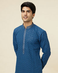 Manyavar Men Teal Blue Floral Chikankari Embroidered Kurta Set