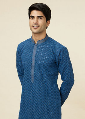 alt message - Manyavar Men Teal Blue Floral Chikankari Embroidered Kurta Set image number 0