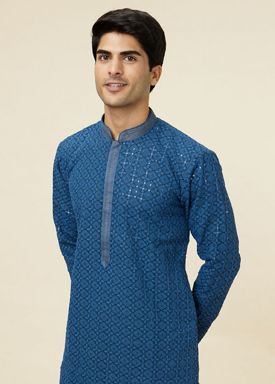 Manyavar Men Teal Blue Floral Chikankari Embroidered Kurta Set