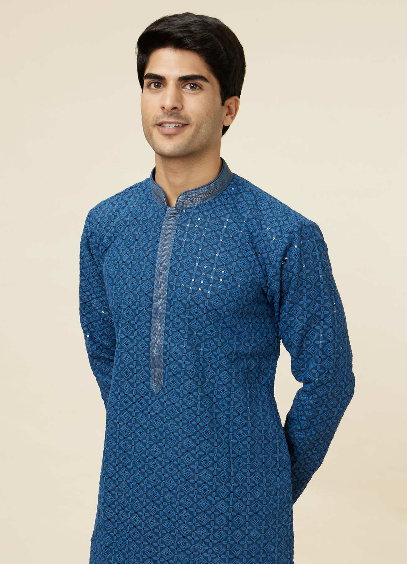 Manyavar Men Teal Blue Floral Chikankari Embroidered Kurta Set