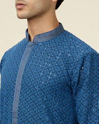 Manyavar Men Teal Blue Floral Chikankari Embroidered Kurta Set