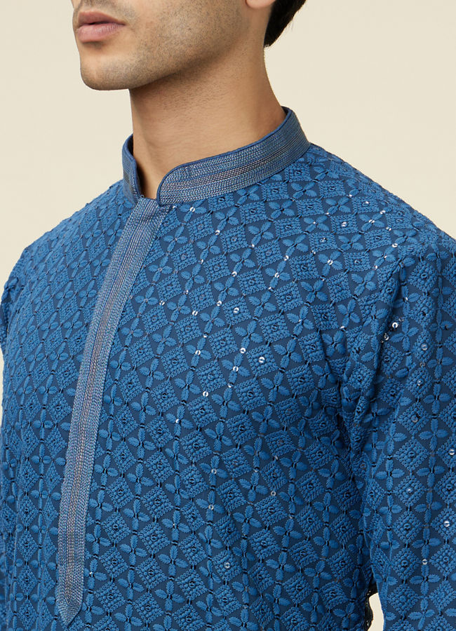 alt message - Manyavar Men Teal Blue Floral Chikankari Embroidered Kurta Set image number 1