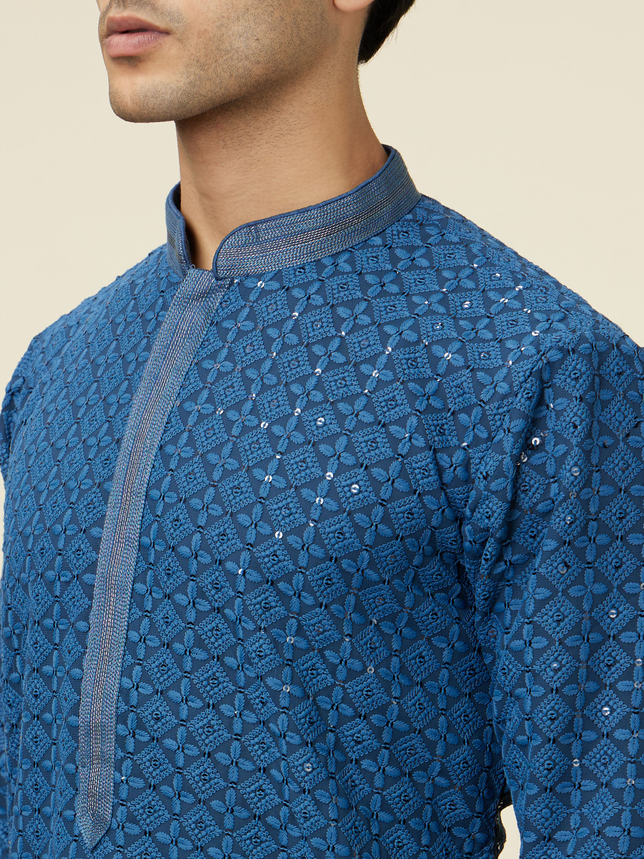 Manyavar Men Teal Blue Floral Chikankari Embroidered Kurta Set