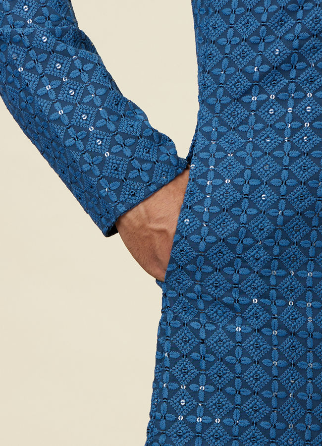 Manyavar Men Teal Blue Floral Chikankari Embroidered Kurta Set
