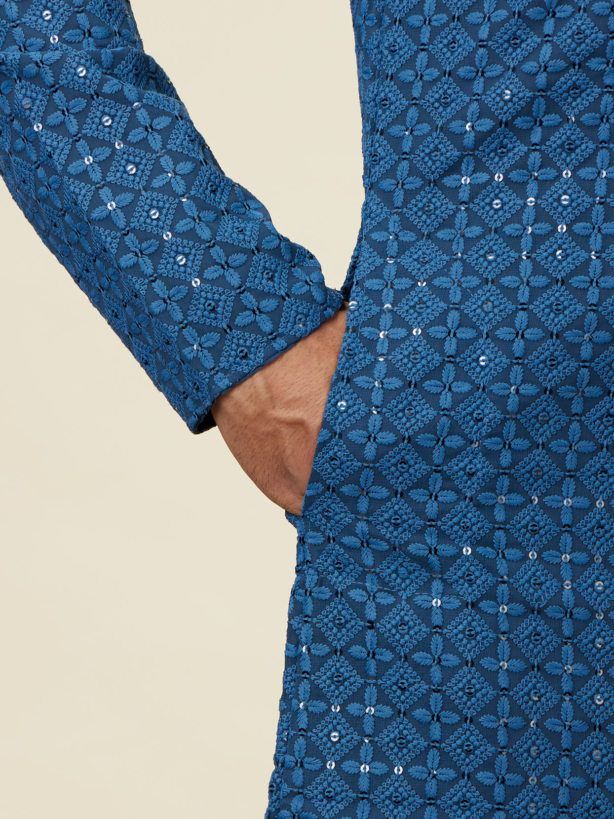 Manyavar Men Teal Blue Floral Chikankari Embroidered Kurta Set