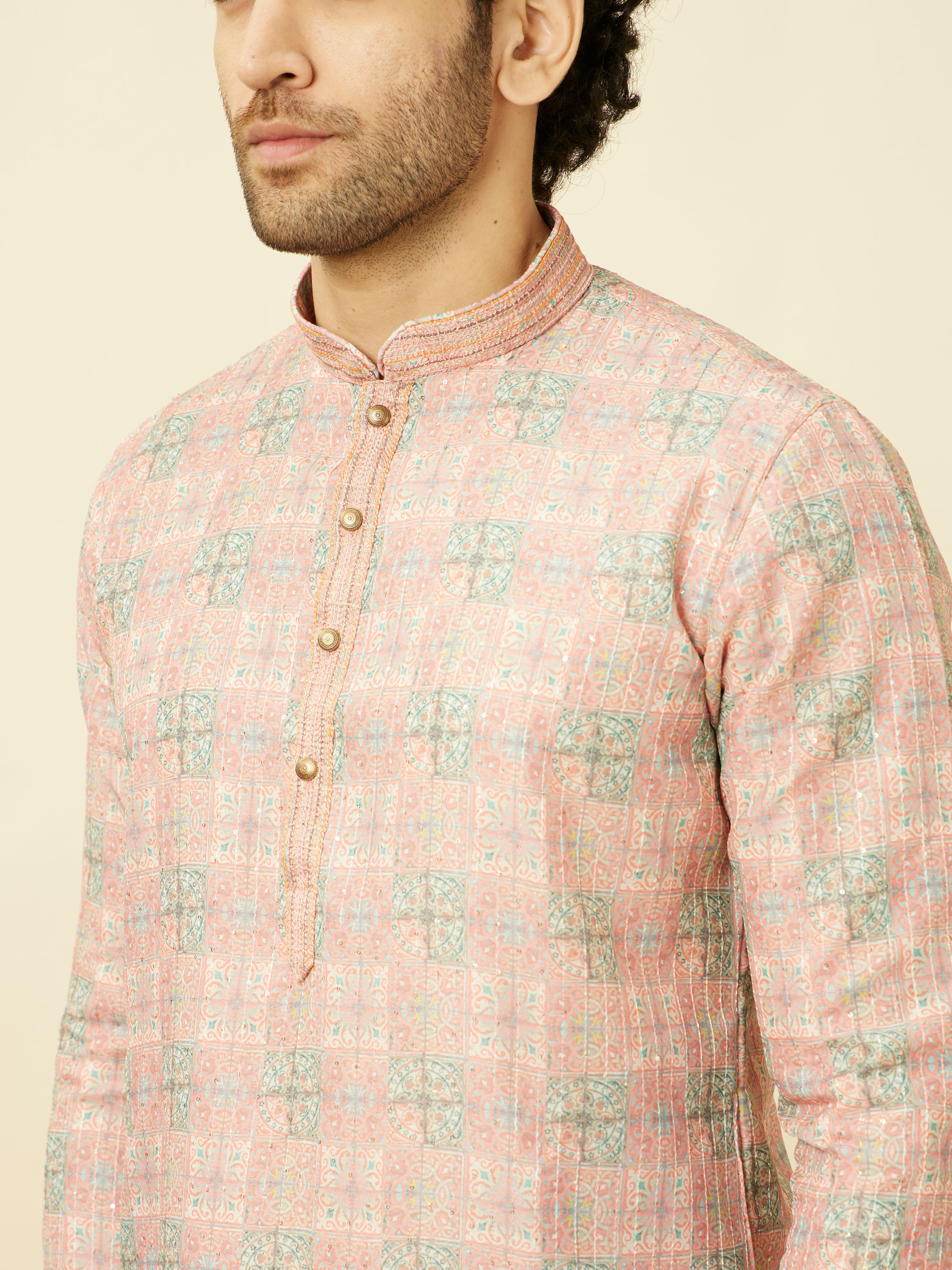 Manyavar Men Quartz Pink Mandala Printed Kurta Set