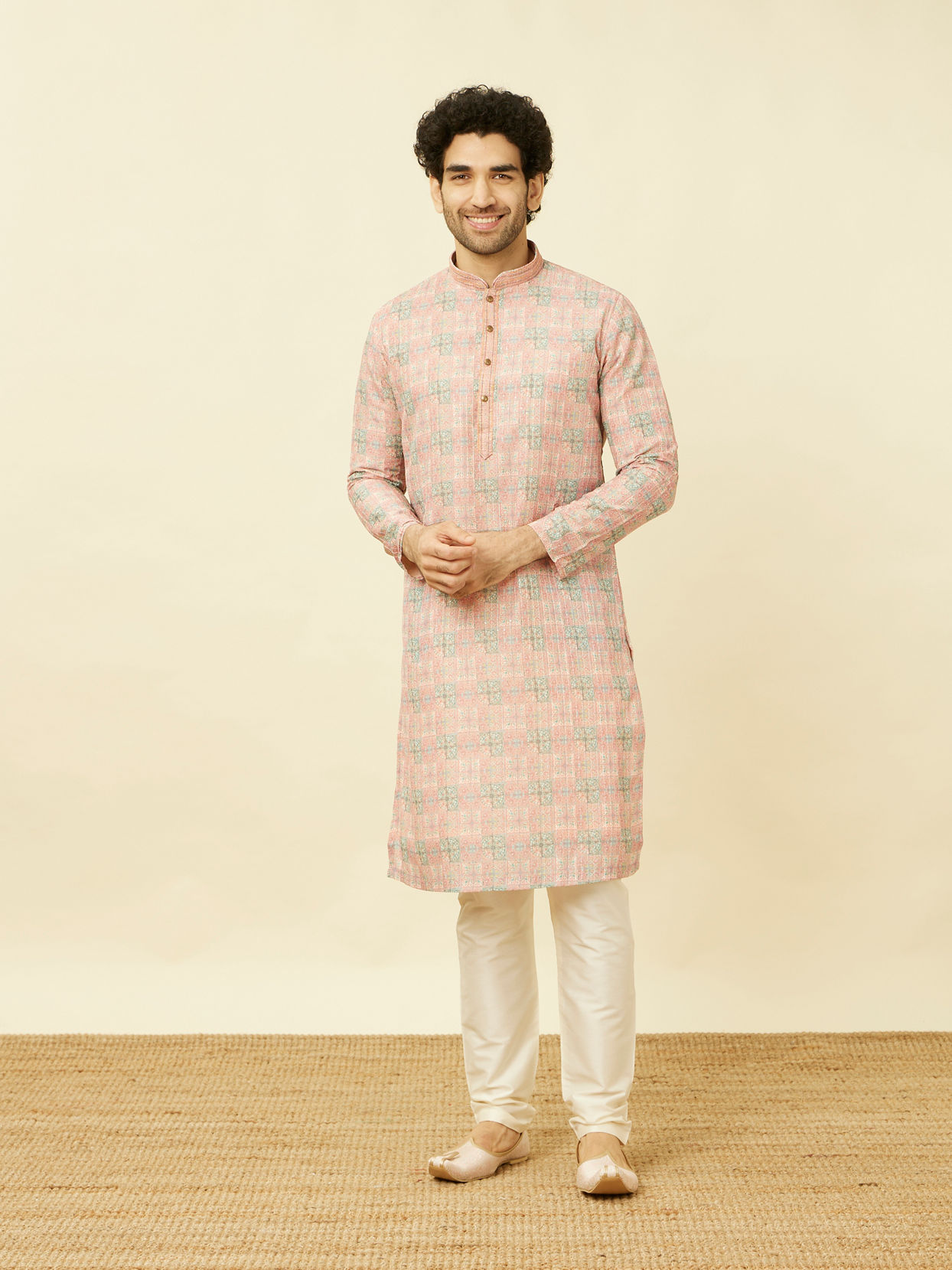 alt message - Manyavar Men Quartz Pink Mandala Printed Kurta Set image number 2