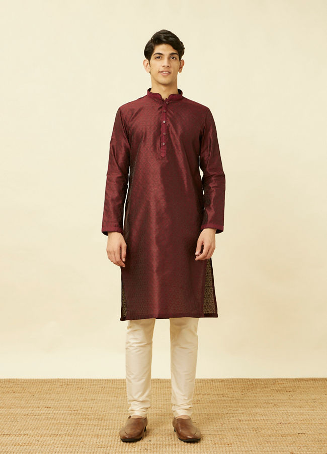 Manyavar Men Maroon Ogee Patterned Kurta Set