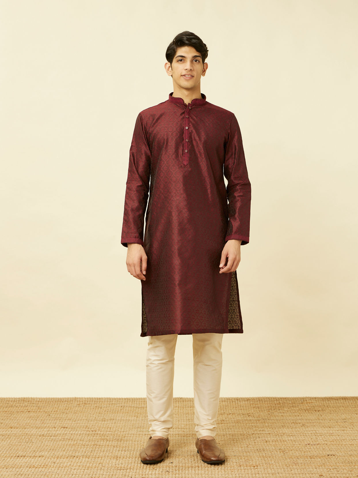 Manyavar Men Maroon Ogee Patterned Kurta Set