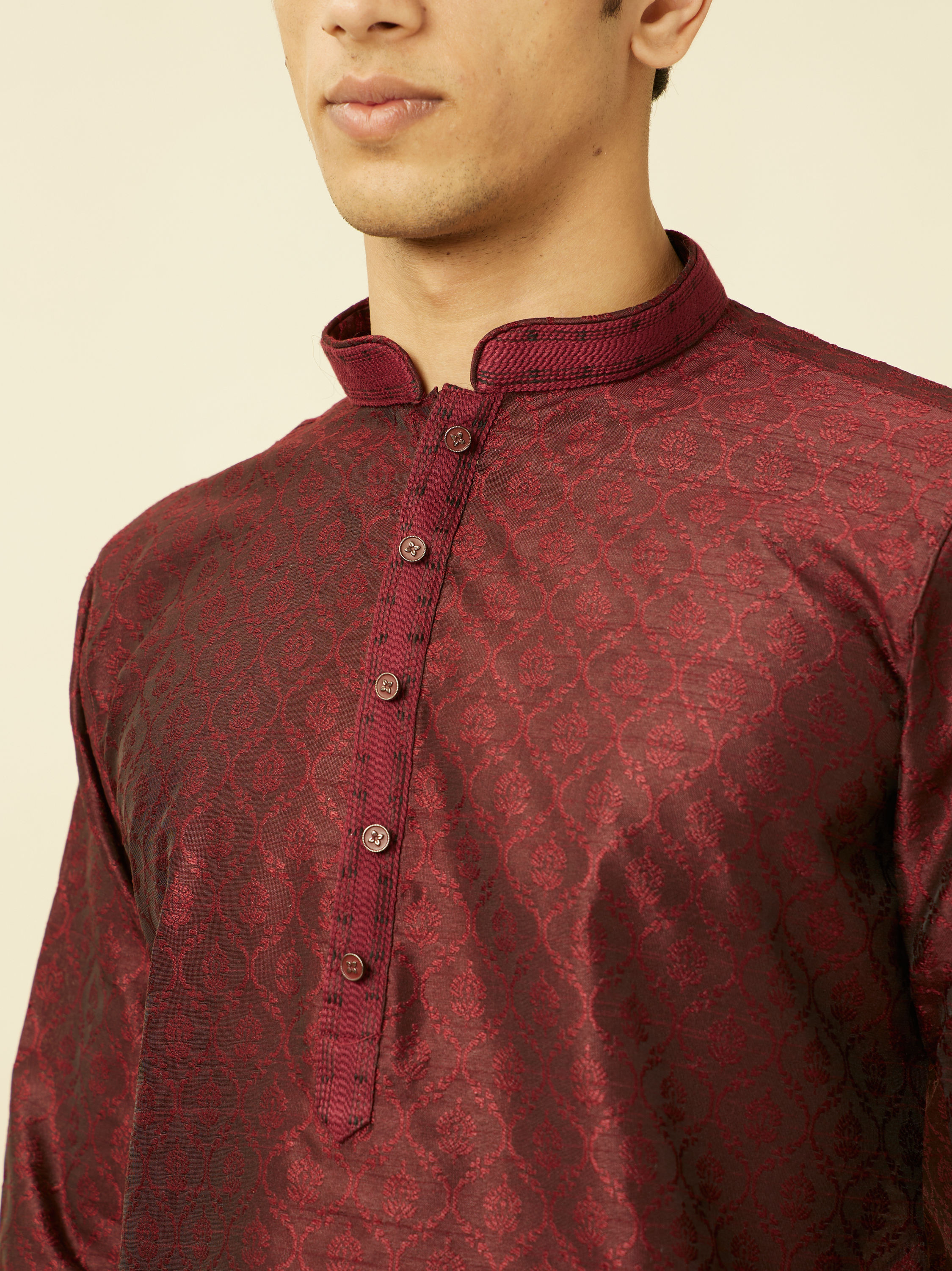Manyavar Men Maroon Ogee Patterned Kurta Set