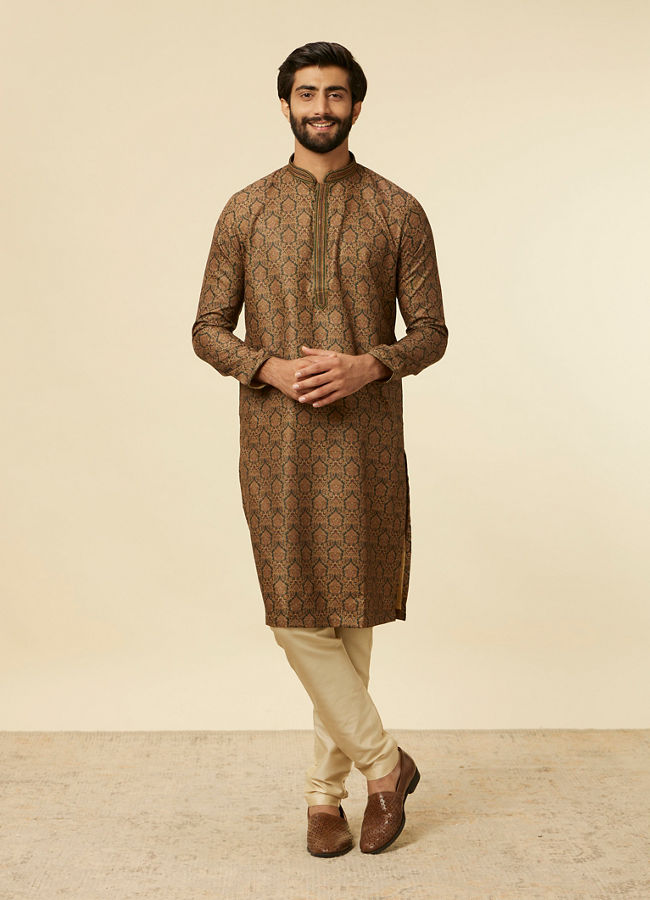 Manyavar Men Dark Green Paisley Printed Kurta Set