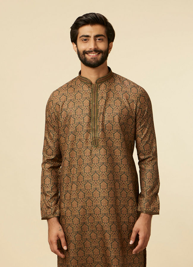 Manyavar Men Dark Green Paisley Printed Kurta Set