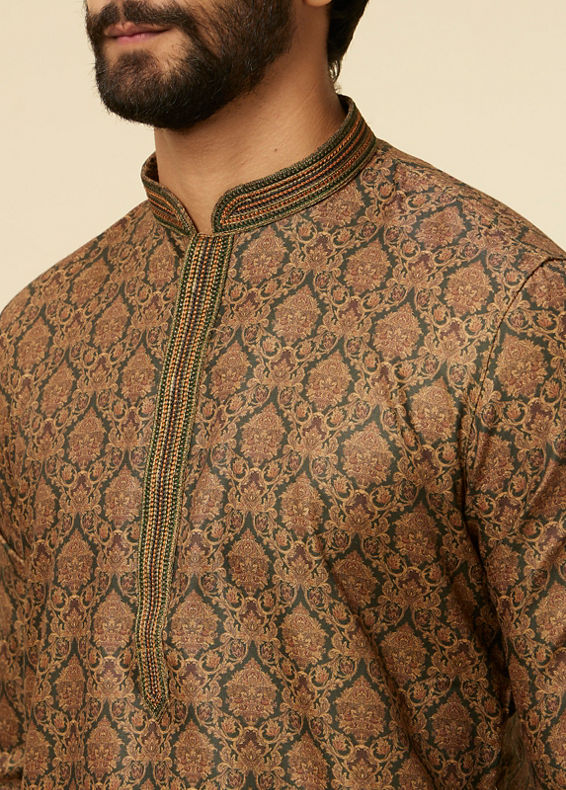 Manyavar Men Dark Green Paisley Printed Kurta Set