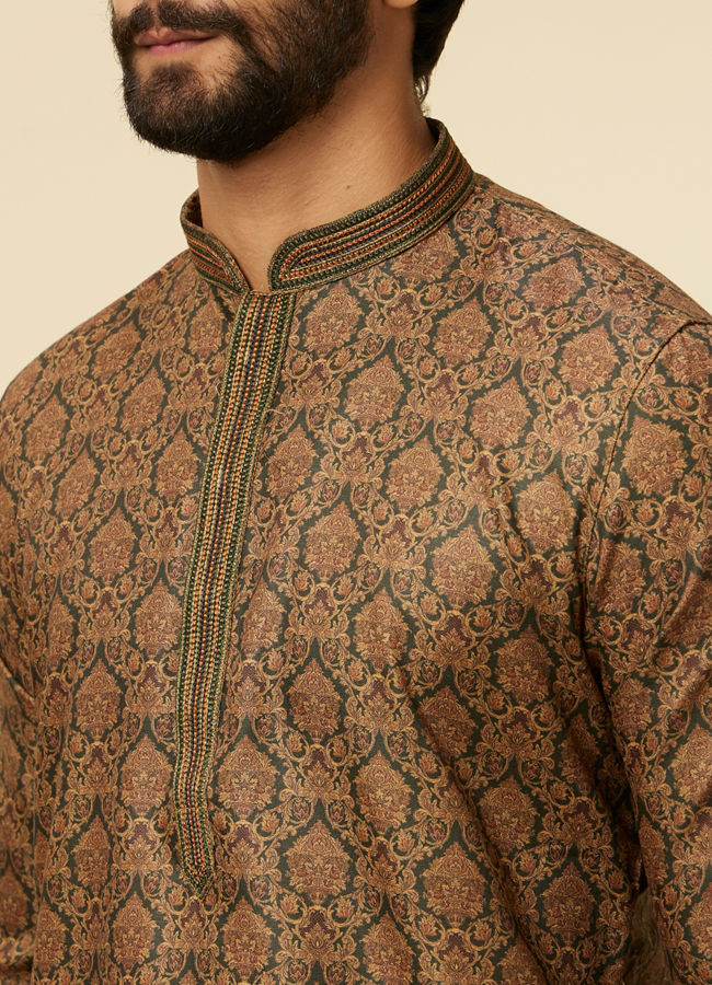 Manyavar Men Dark Green Paisley Printed Kurta Set