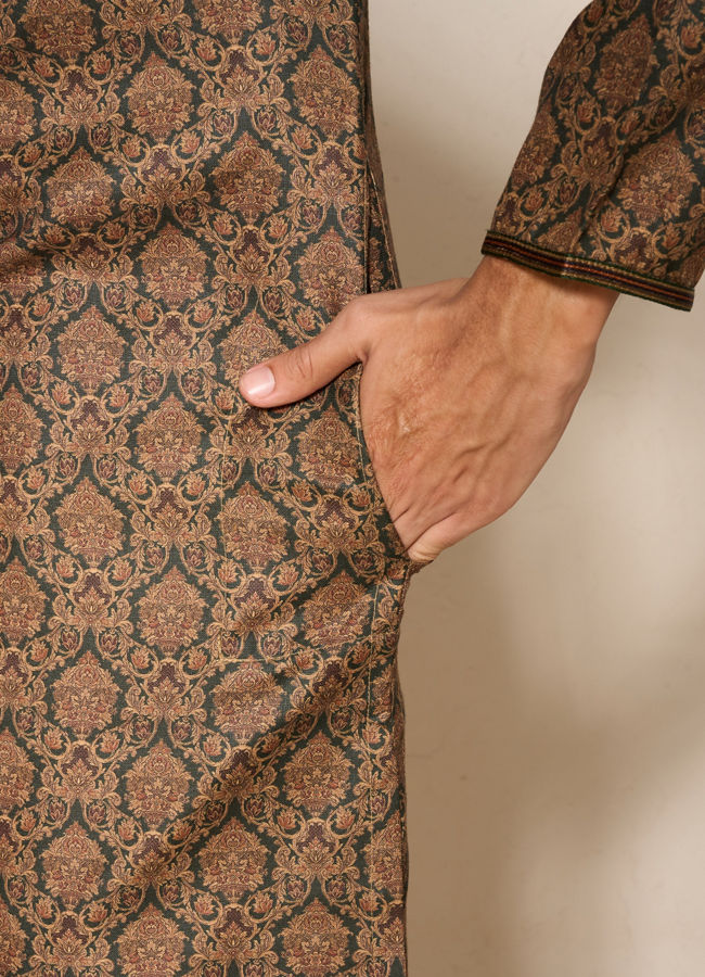 Manyavar Men Dark Green Paisley Printed Kurta Set